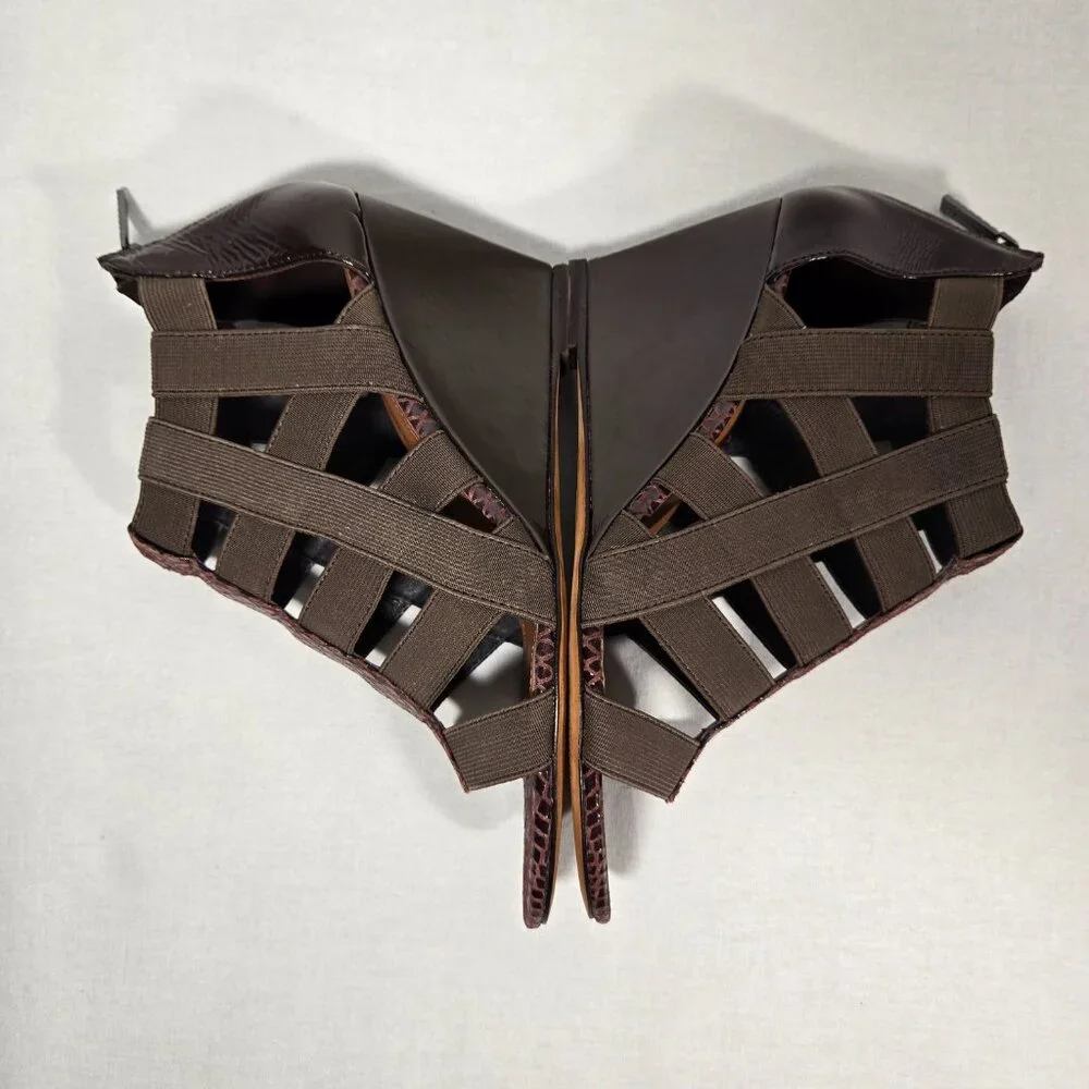 DONALD J PLINER Pira BROWN Watersnake & Stretchy Strappy Ankle Wedge Sandals 8M. - Picture 10 of 17